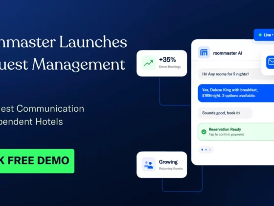 Promotional banner for Roommaster AI Guest Management with a chat mockup and a bright green 'BOOK FREE DEMO' button.