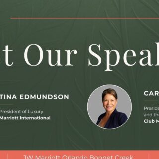 Conference banner reading 'Meet Our Speakers' with circular headshots of Tina Edmundson and Carolyne Doyon and their titles on a green background.