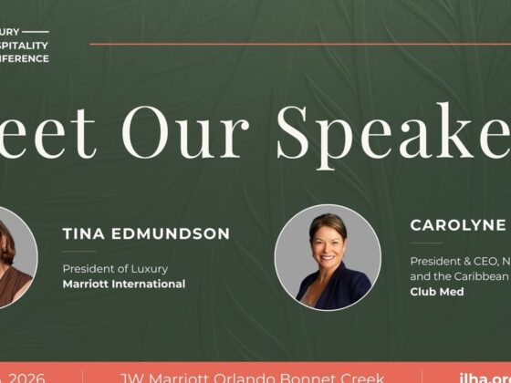 Conference banner reading 'Meet Our Speakers' with circular headshots of Tina Edmundson and Carolyne Doyon and their titles on a green background.
