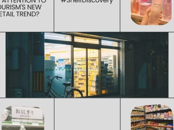 Storefront at night with glass entrance, warm interior lighting, and a bicycle parked outside.