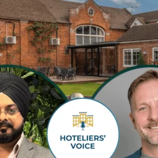 Banner for Hotelier's Voice podcast featuring two guest headshots with the logo in the center and a brick building backdrop.