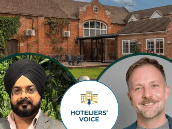 Banner for Hotelier's Voice podcast featuring two guest headshots with the logo in the center and a brick building backdrop.
