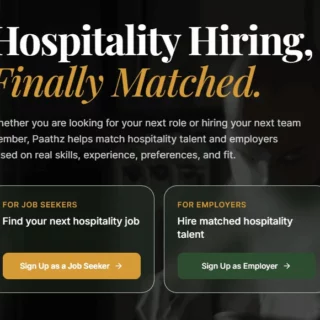 Hero banner for hospitality hiring with headline 'Hospitality Hiring, Finally Matched.' and two action panels: 'Find your next hospitality job' and 'Hire matched hospitality talent'.
