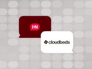 Overlapping speech bubbles featuring the Hackernoon (HN) logo in red and the Cloudbeds logo on a gray patterned background.