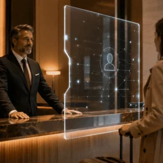 Hotel front desk with a receptionist and a guest, a glowing holographic screen displaying a user icon between them.
