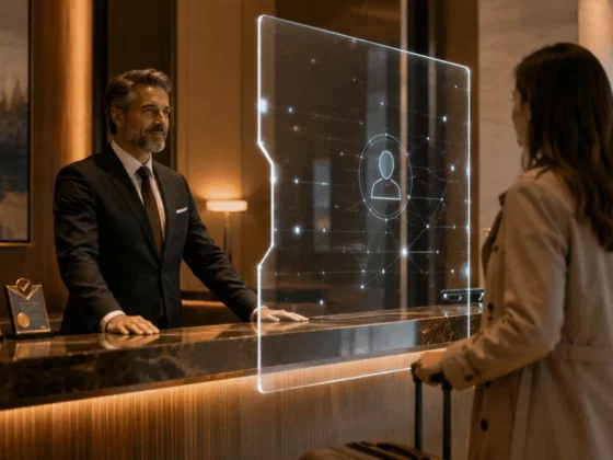 Hotel front desk with a receptionist and a guest, a glowing holographic screen displaying a user icon between them.