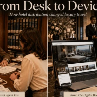Left: travel agent meets a client at a desk with travel books and papers; right: laptop and phone display a luxury hotel booking site in a hotel lobby.
