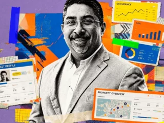 Collage of a smiling businessman among colorful analytics charts and dashboards labeled Guest Profile and Property Overview.
