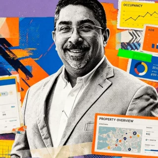 Collage of a smiling businessman among colorful analytics charts and dashboards labeled Guest Profile and Property Overview.