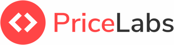 PriceLabs logo: red circular icon with white code brackets and 'PriceLabs' wordmark in red and dark gray, left-aligned.