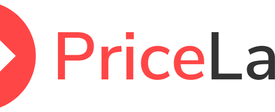 PriceLabs logo: red circular icon with white code brackets and 'PriceLabs' wordmark in red and dark gray, left-aligned.