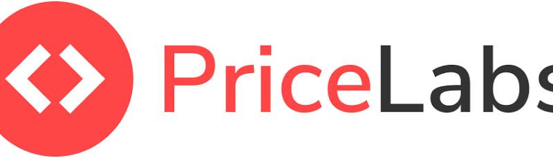 PriceLabs logo: red circular icon with white code brackets and 'PriceLabs' wordmark in red and dark gray, left-aligned.