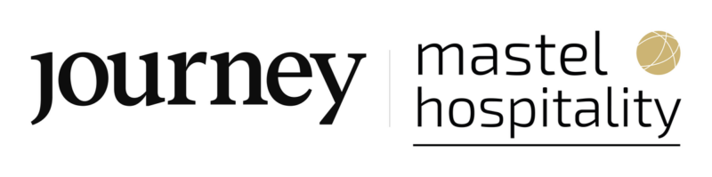 Logo showing the word 'journey' beside 'mastel hospitality' with a gold globe icon at the top right and a dividing line between the names.