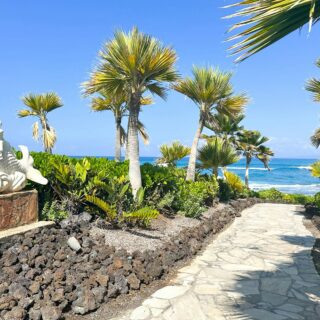 Stone path through a tropical garden with palm trees and a view of the ocean; a white mermaid statue sits on a stone pedestal to the left.