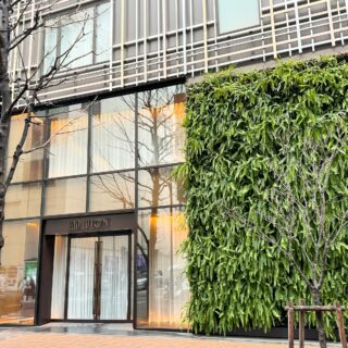 Modern glass storefront with 'EDITION' sign, large windows, and a dense green hedge along the right side of the entrance.