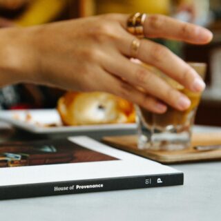 Close-up of a hand with gold rings resting on a table, with a blurred background and a book spine reading 'House of Provenance'.