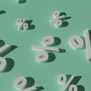 Abstract scene with white 3D percent signs scattered on a mint green background.