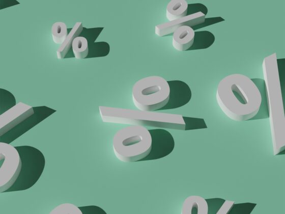 Abstract scene with white 3D percent signs scattered on a mint green background.