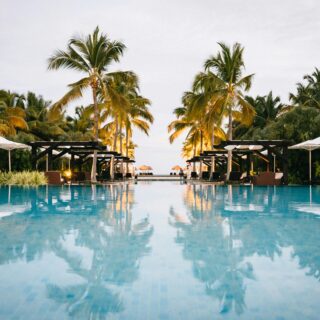 Resort pool with palm trees, white umbrellas, and lounge chairs along the edge, reflecting in calm water