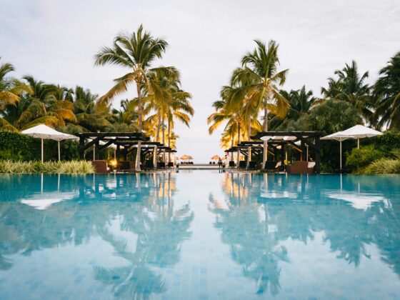 Resort pool with palm trees, white umbrellas, and lounge chairs along the edge, reflecting in calm water