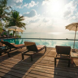Resort deck with wooden loungers, umbrellas, and palm trees overlooking a calm ocean under a sunny sky.