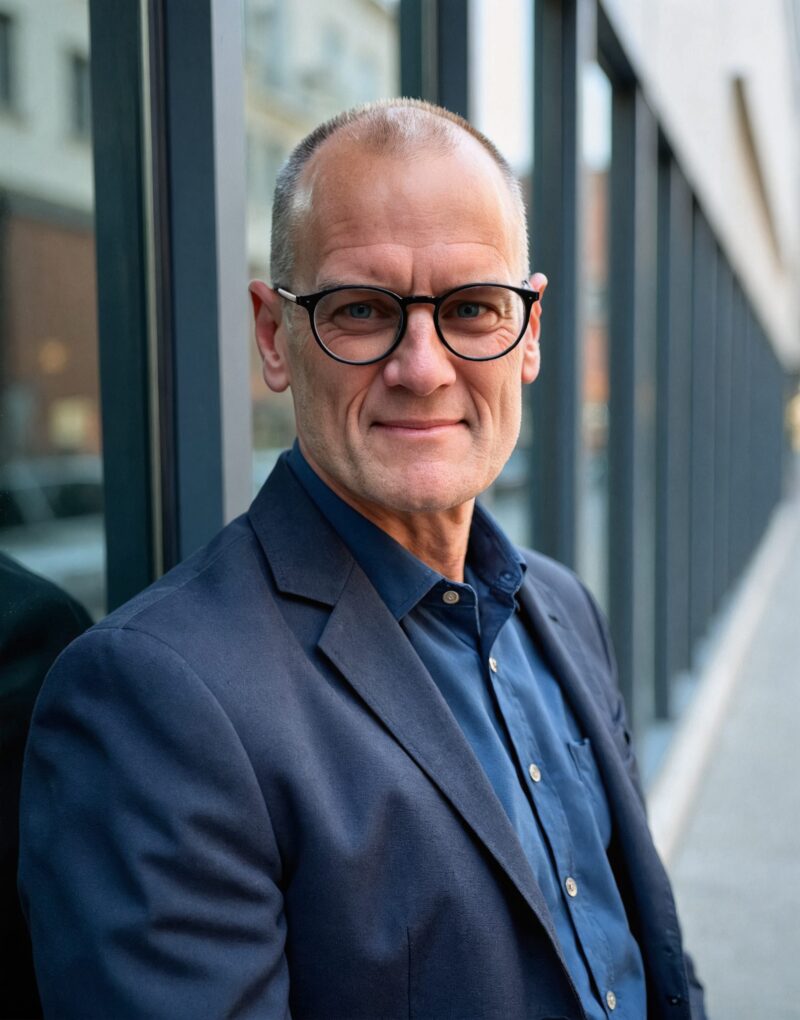 Portrait of a middle-aged man with round black glasses, wearing a navy blazer and blue shirt, beside a glass building.