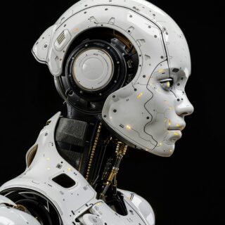 Close-up of a white humanoid robot head in profile, showing panels, joints and small orange lights against a black background.