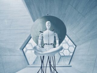 Humanoid robot sculpture seated on a circular pedestal in a blue-tinted glass atrium.