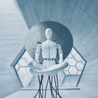 Humanoid robot sculpture seated on a circular pedestal in a blue-tinted glass atrium.