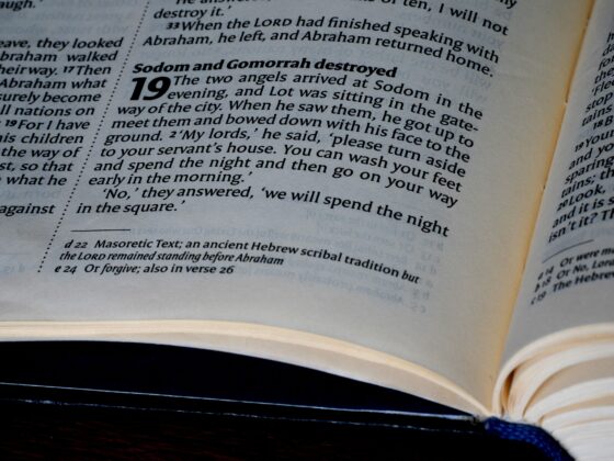 Close-up of a Bible page with a bold heading about Sodom and Gomorrah destroyed, verse 19 visible.