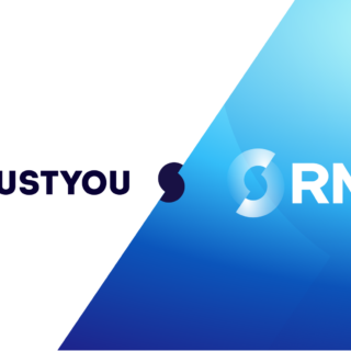 Brand banner displaying TrustYou logo on the white left half and RMS logo on the blue gradient right half with a diagonal divider.