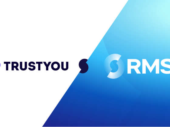Brand banner displaying TrustYou logo on the white left half and RMS logo on the blue gradient right half with a diagonal divider.