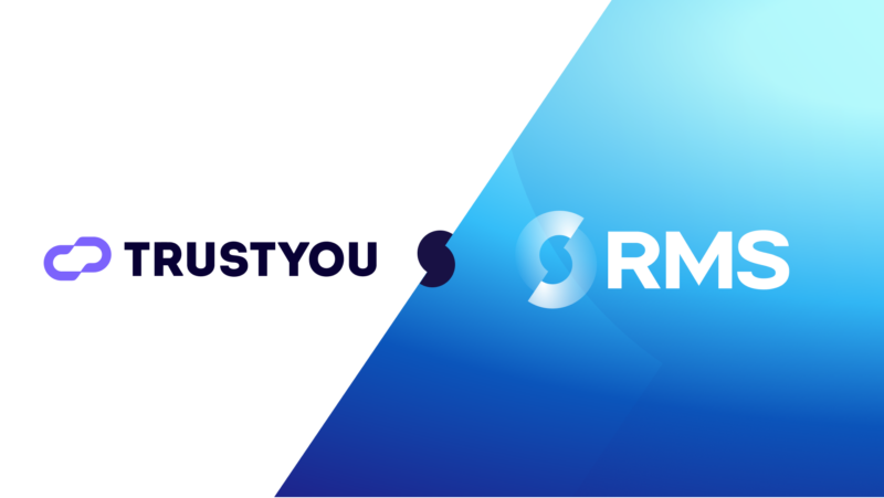 Brand banner displaying TrustYou logo on the white left half and RMS logo on the blue gradient right half with a diagonal divider.