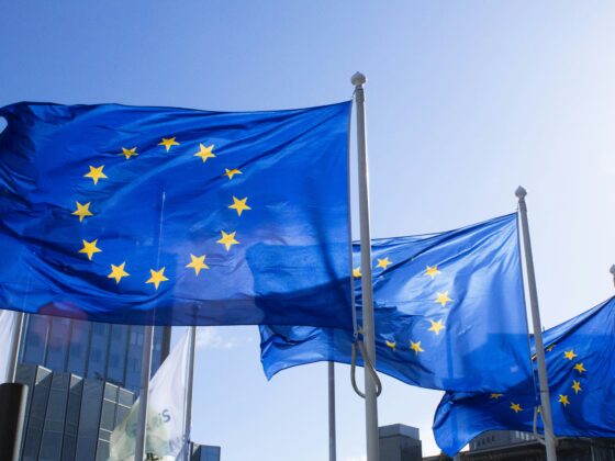 European Union flags fluttering on flagpoles against a blue sky in an urban setting
