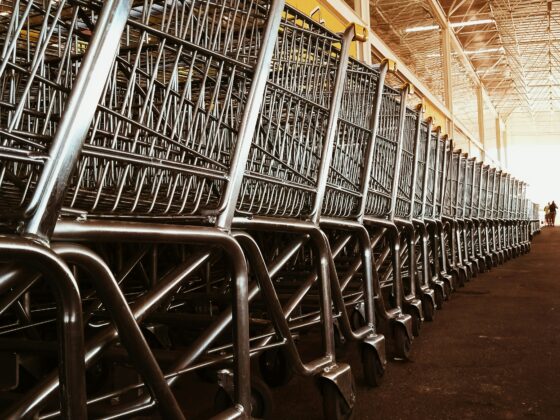 Row of metal shopping carts lined up along an aisle in a large warehouse.