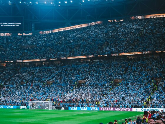 A packed stadium with a green football pitch, banners reading FIFA World Cup Qatar 2022, and a sea of cheering fans in blue and white.