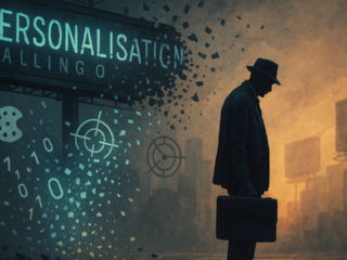 Silhouette of a man in a hat with a briefcase walking away as digital bits, crosshairs, and a 'Personalisation' sign swirl in a smoky street.