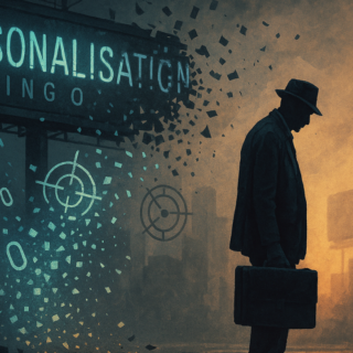 Silhouette of a man in a hat with a briefcase walking away as digital bits, crosshairs, and a 'Personalisation' sign swirl in a smoky street.