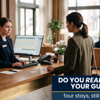 Hotel front desk with a receptionist typing on a computer as a guest stands at the counter in a bright lobby; banner text reads 'DO YOU REALLY KNOW YOUR GUESTS?'