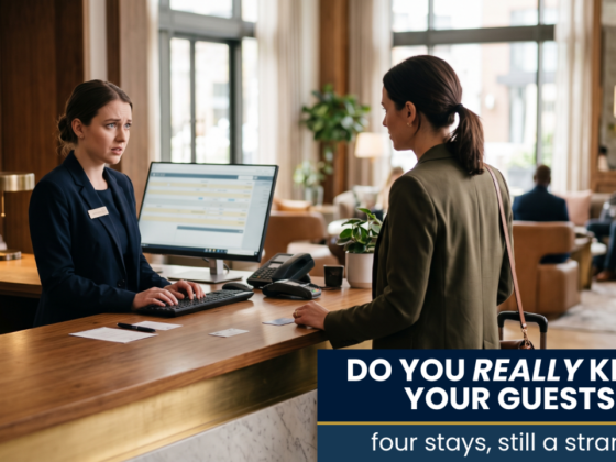 Hotel front desk with a receptionist typing on a computer as a guest stands at the counter in a bright lobby; banner text reads 'DO YOU REALLY KNOW YOUR GUESTS?'