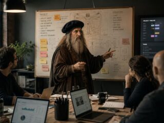 Bearded man in medieval-style robes and hat presents project plans on a whiteboard to a team in a modern office, with laptops open on the table.