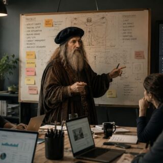 Bearded man in medieval-style robes and hat presents project plans on a whiteboard to a team in a modern office, with laptops open on the table.