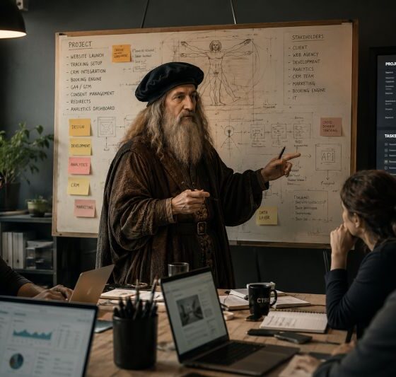 Bearded man in medieval-style robes and hat presents project plans on a whiteboard to a team in a modern office, with laptops open on the table.