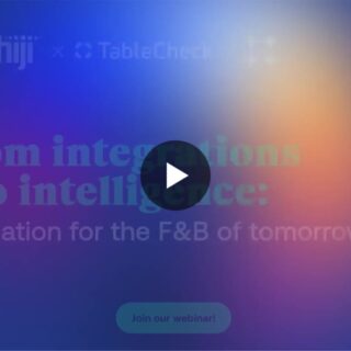 Video hero banner with a centered play button over a blue–orange blurred gradient; headline: 'From integrations to intelligence: Your foundation for the F&B of tomorrow' and a 'Join our webinar' CTA.