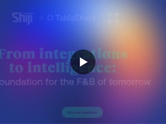 Video hero banner with a centered play button over a blue–orange blurred gradient; headline: 'From integrations to intelligence: Your foundation for the F&B of tomorrow' and a 'Join our webinar' CTA.