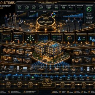 Complex isometric infographic titled Hotel Profit Solutions; shows an AI-driven hotel profit ecosystem with a central hub, a model hotel, and surrounding panels for occupancy, ADR, revenue, operations, and guest intelligence.