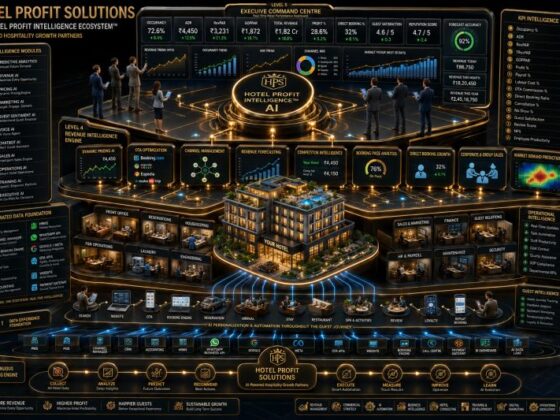 Complex isometric infographic titled Hotel Profit Solutions; shows an AI-driven hotel profit ecosystem with a central hub, a model hotel, and surrounding panels for occupancy, ADR, revenue, operations, and guest intelligence.