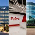 Three-panel collage of corporate offices: Amadeus on the left, Sabre reception in the center, and Travelport on the right.