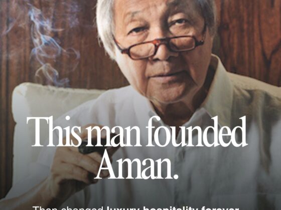 Portrait of an elderly man with glasses smoking, overlaid with text about founding Aman and transforming luxury hospitality.