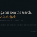 Dark poster with the white headline 'Booking.com won the search.' and gold subheading 'Win the last click.' on the left, plus a gold rising chart on the right and small caption lines across the page, conveying a marketing/infographic message.